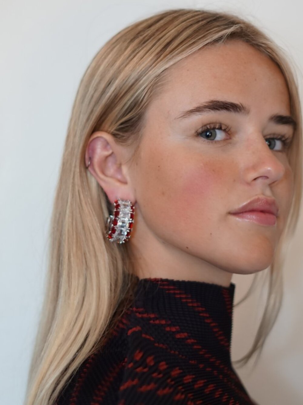 Red and White Crystals Hoops Earrings
